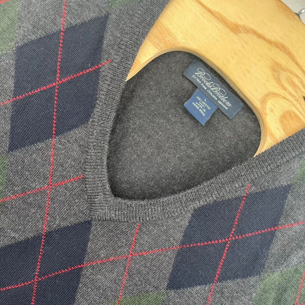 Brooks Brother Sweater Men Large Merino Wool Knit Argyle Rhombus Italian Vintage